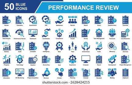 Conjunto De Ícones De Revisão De Desempenho. Contendo Revisão, Avaliação, Desempenho, KPI, Satisfação, Resultado, Opinião, Questionário, Análise de Dados, Painel, Melhor. Ilustração simples de vetor azul.