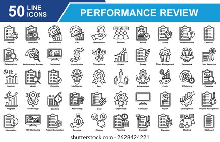 Conjunto De Ícones De Revisão De Desempenho. Contendo Revisão, Avaliação, Desempenho, KPI, Satisfação, Resultado, Opinião, Questionário, Análise de Dados, Painel, Melhor. Ilustração de vetor de linha simples.