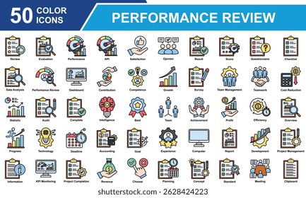 Conjunto De Ícones De Revisão De Desempenho. Contendo Revisão, Avaliação, Desempenho, KPI, Satisfação, Resultado, Opinião, Questionário, Análise de Dados, Painel, Melhor. Ilustração de vetor de cores simples.