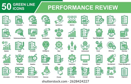 Performance Review Icon Set Collection. Containing Review, Evaluation, Performance, KPI, Satisfaction, Result, Opinion, Questionnaire, Data Analysis, Dashboard. Simple Green Line Vector Illustration.