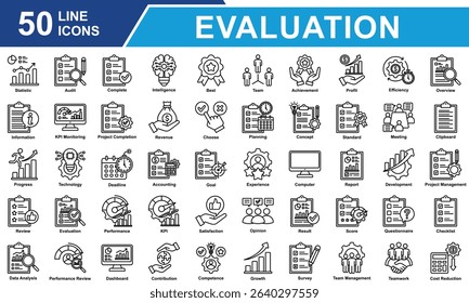 Performance Review Icon Set Collection. Containing Statistics, Audit, Survey, Score, Standard, Competence, Review, Evaluation, Performance, Result, Data Analysis. Simple Line Vector Illustration.
