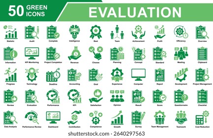 Performance Review Icon Set Collection. Containing Statistics, Audit, Survey, Score, Standard, Competence, Review, Evaluation, Performance, Result, Data Analysis. Simple Green Vector Illustration.