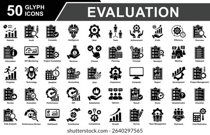 Performance Review Icon Set Collection. Containing Statistics, Audit, Survey, Score, Standard, Competence, Review, Evaluation, Performance, Result, Data Analysis. Simple Glyph Vector Illustration.