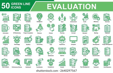 Performance Review Icon Set Collection. Containing Statistics, Audit, Survey, Score, Standard, Competence, Review, Evaluation, Performance, Result, Data Analysis. Simple Green Line Vector Illustration
