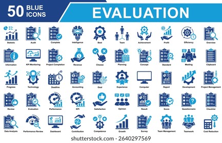 Performance Review Icon Set Collection. Containing Statistics, Audit, Survey, Score, Standard, Competence, Review, Evaluation, Performance, Result, Data Analysis. Simple Blue Vector Illustration.