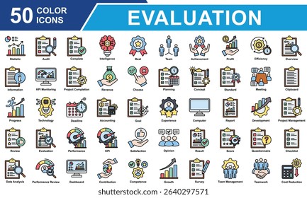 Performance Review Icon Set Collection. Containing Statistics, Audit, Survey, Score, Standard, Competence, Review, Evaluation, Performance, Result, Data Analysis. Simple Color Vector Illustration.