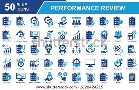 Performance Review Icon Set Collection. Containing Review, Evaluation, Performance, KPI, Satisfaction, Result, Opinion, Questionnaire, Data Analysis, Dashboard, Best. Simple Blue Vector Illustration.
