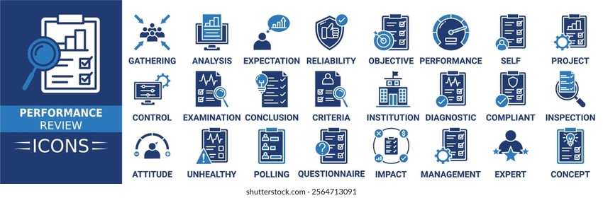 Performance review icon set. Containing management, gathering, expectation, reliability, objective, performance, self, analysis and more. Solid vector icons collection