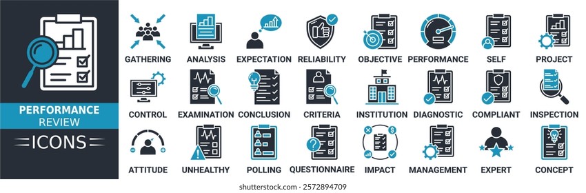 Performance review icon set. Containing management, gathering, expectation, reliability, objective, performance, self, analysis and more. Solid vector icons collection