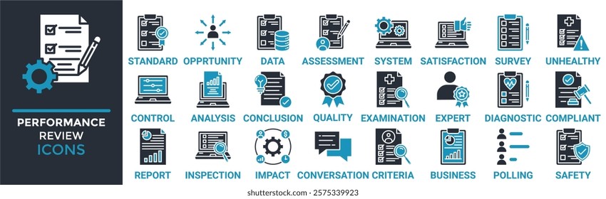 Performance review icon set. Containing standard, opportunity, data, assessment, system, satisfaction, survey, unhealthy and more. Solid vector icons collection