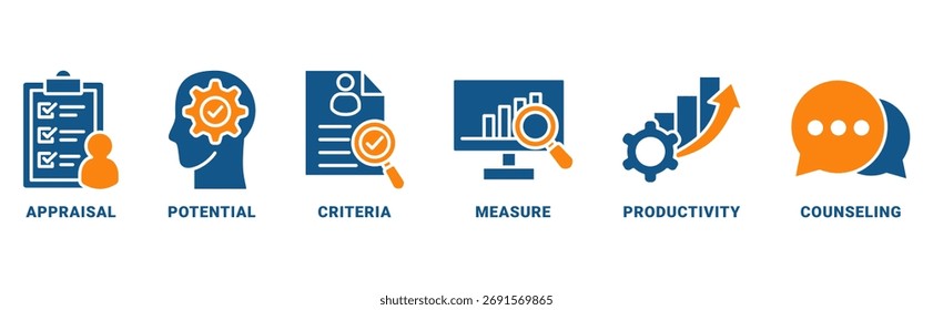 Ícone de revisão de desempenho define conceito vetorial com ícone de avaliação, potencial, critérios, medida, produtividade, aconselhamento