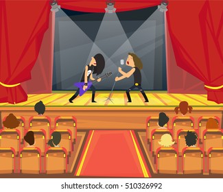 performance of rock musicians on stage. rock guitarist and rock singer performing on stage in front of the audience. vector illustration.