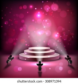 Performance scene studio interior in shiny spotlights realistic magenta background vector illustration