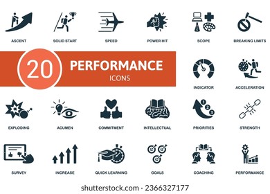 Performance set. Creative icons: ascent, solid start, speed, power hit, scope, breaking limits, indicator, acceleration, exploding, acumen, commitment, intellectual, priorities, strength, survey