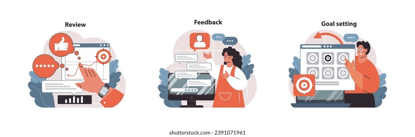 Performance set. Modern professionals evaluating progress. Analyzing data, collecting user feedback, and establishing targets. Insights, growth strategy, objectives. Flat vector illustration.