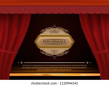 Performance or show on red vintage scene. Dark red curtain scene gracefully for text. Elegance vector backdrop for poster