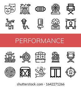 performance simple icons set. Contains such icons as Masks, Breakdance, Drum kit, Microphone, Mask, Darts, Clown, Director chair, Puppet, can be used for web, mobile and logo