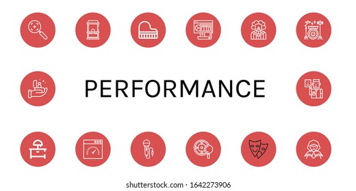 performance simple icons set. Contains such icons as Target, Ticket office, Grand piano, Dashboard, Clown, Drum kit, Night stand, Speedometer, can be used for web, mobile and logo