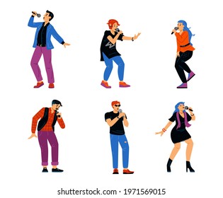 Performance singing characters with microphone - karaoke songs or music show with popular singers. Flat cartoon vector illustrations isolated on white background.