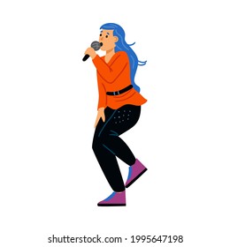 Performance singing female character with microphone - karaoke songs or music show with popular singer. Flat cartoon vector illustration isolated on white.
