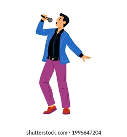 Performance singing male character with microphone - karaoke songs or music show with popular singer. Flat cartoon vector illustration isolated on white.