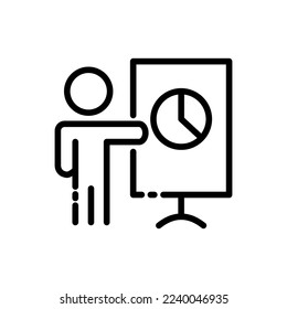 Performance. Speaker, speech bubble, exclamation mark, person, speaker, business, ideas, news, important announcement. Business concept. Vector black line icon on white background