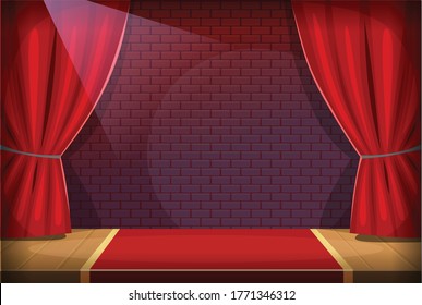 Performance stage in a bar or a club with red curtains and spotlight prepared for a night show. Night entertainment event scene concept. Red brick wall on the background and a red carpet.