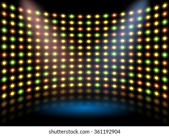 Performance stage with lightbulb glowing backdrop wall. Vector abstract background