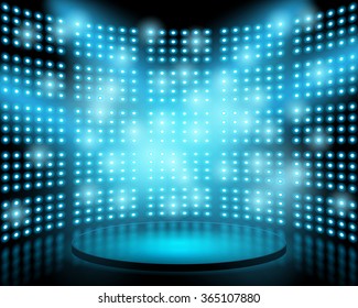 Performance Stage With Lightbulb Glowing Backdrop Wall. Vector Abstract Background