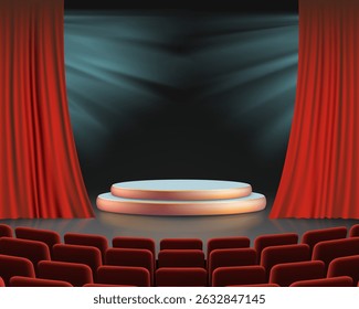 Escenario de performance con cortina roja y sillas. Iluminado por focos. Ilustración vectorial