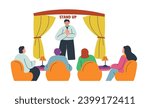Performance of stand up comedian telling jokes for audience. Isolated man character with mike on stage making people by tables laugh. Weekend entertainment and relax for friends. Vector in flat style