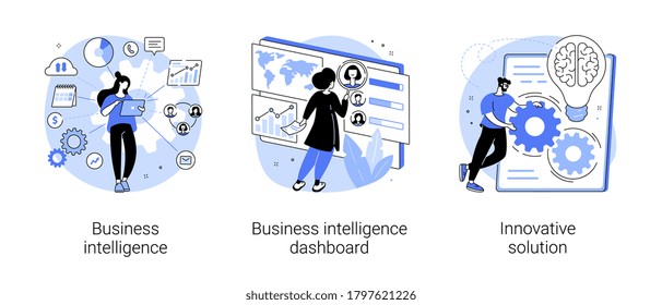 Performance Tools And Software Solutions Abstract Concept Vector Illustration Set. Business Intelligence, Intelligence Dashboard, Innovative Solution, Data Analysis, KPI Metrics Abstract Metaphor.