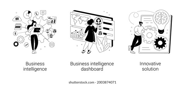 Performance tools and software solutions abstract concept vector illustration set. Business intelligence, intelligence dashboard, innovative solution, data analysis, KPI metrics abstract metaphor.