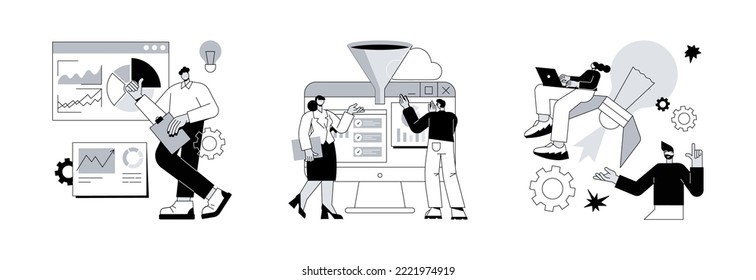 Performance tools and software solutions abstract concept vector illustration set. Business intelligence, intelligence dashboard, innovative solution, data analysis, KPI metrics abstract metaphor.