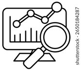 Performance tracker icon represented by magnifying glass, monitor, chart Line style.