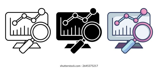 Ícone do controlador de desempenho representado pela lupa, monitor, linha do gráfico, preenchido, estilo de cor.
