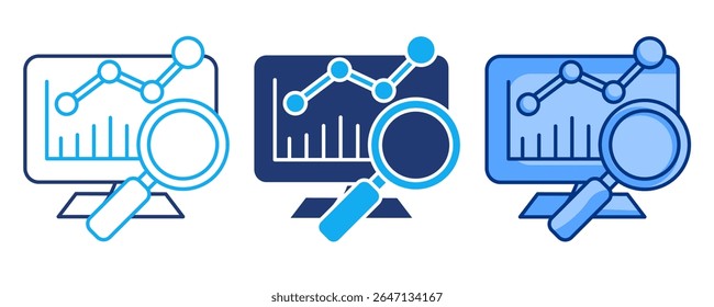 Performance tracker icon represented by magnifying glass, monitor, chart Blue, Dualline, Dualtone style.