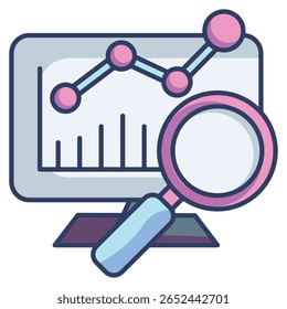 Ícone do controlador de desempenho representado pela lupa, monitor e estilo de Cor Linear do gráfico.