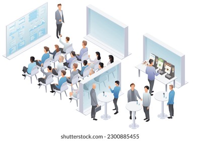 Performance trebune, speech. Teamwork set with business presentation conference coworking workplace brainstorming and discussion isolated. Indicators and coaching. Vector isometric, 3d