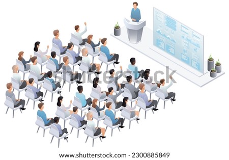 Performance trebune, speech. Teamwork set with business presentation conference coworking workplace brainstorming and discussion isolated. Indicators and coaching. Vector isometric, 3d
