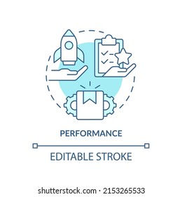 Icono de concepto turquesa de rendimiento. Bienes y calidad del servicio. El producto necesita una ilustración de línea delgada de idea abstracta. Dibujo de contorno aislado. Trazo editable. Fuentes Arial, Myriad Pro-Bold utilizadas