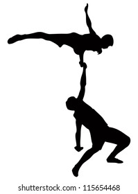 Performance of two acrobats. Contour vector illustration.