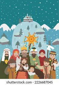 Performance of the Ukrainian folk choir with Christmas songs (carols). Ukraine. Kids singing carols. Christmas in Ukraine. Children congratulations Merry Christmas in winter village. Hand drawn.