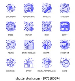 Performance web flat line icons set. Pack outline pictogram of exploding, strength, speed, meteor, boost, expansion, effects concept. Vector illustration of symbols for website mobile app design