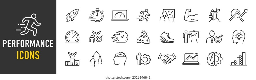 Iconos web de rendimiento en estilo de línea. Velocidad, mejoras, gráficos, impulso, potencia, colección. Ilustración vectorial.