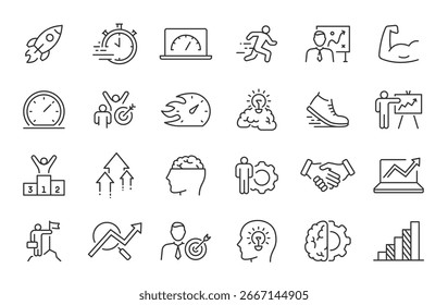 Iconos web de rendimiento en estilo de línea. Velocidad, mejoras, gráficos, impulso, potencia, colección. Ilustración vectorial.
