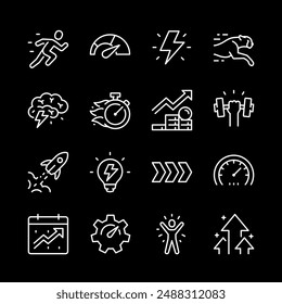 Performance, white line icons. depicting productivity and efficiency, strength and speed. Ideal for business and self-improvement themes. Symbols on black background. Editable stroke.