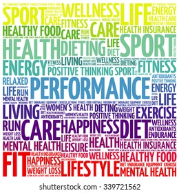 PERFORMANCE word cloud background, health concept