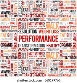 PERFORMANCE word cloud background, health concept