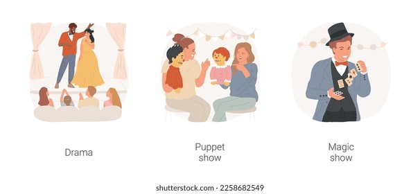Performance-based hobbies isolated cartoon vector illustration set. Theatre as hobby, amateur drama performance, puppet show for kids, perform magic tricks on stage, creative hobby vector cartoon.